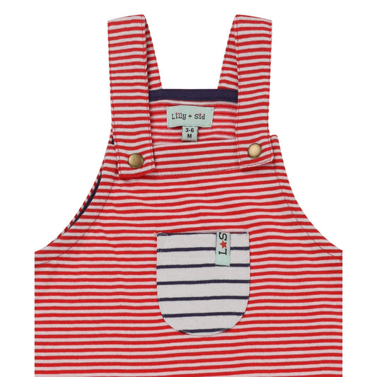Lilly + Sid Red jersey stripe overalls, closeup