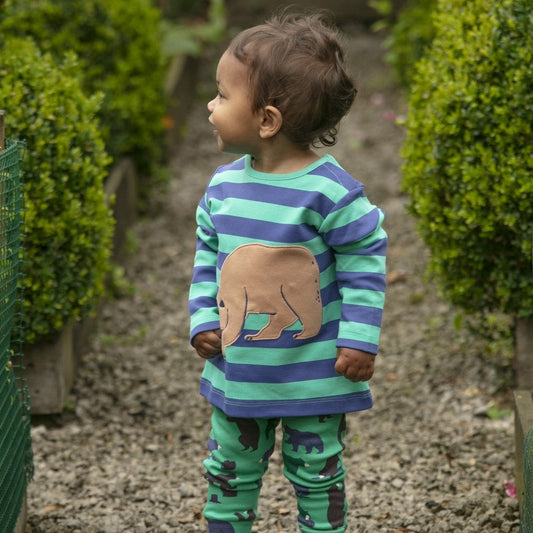 Baby wearing Piccalilly organic Long sleeve top- mountain bear appliqué