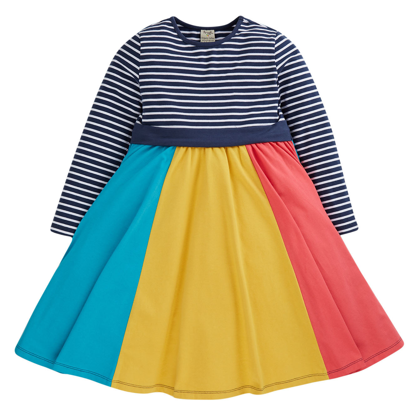 Frugi Organic Long Sleeve Skater Dress- Rainbow/Indigo Stripe Frugi Organic Long Sleeve Skater Dress- Rainbow/Indigo Stripe