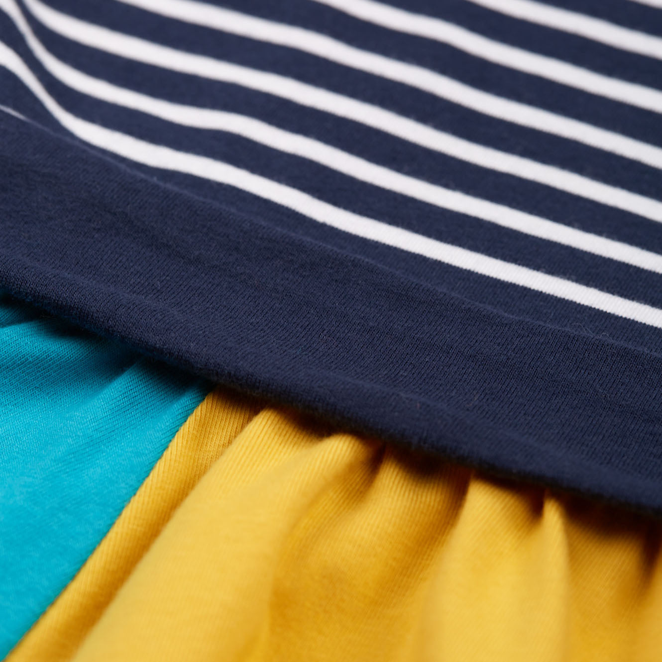 Frugi Rainbow skater dress- indigo stripe, closeup