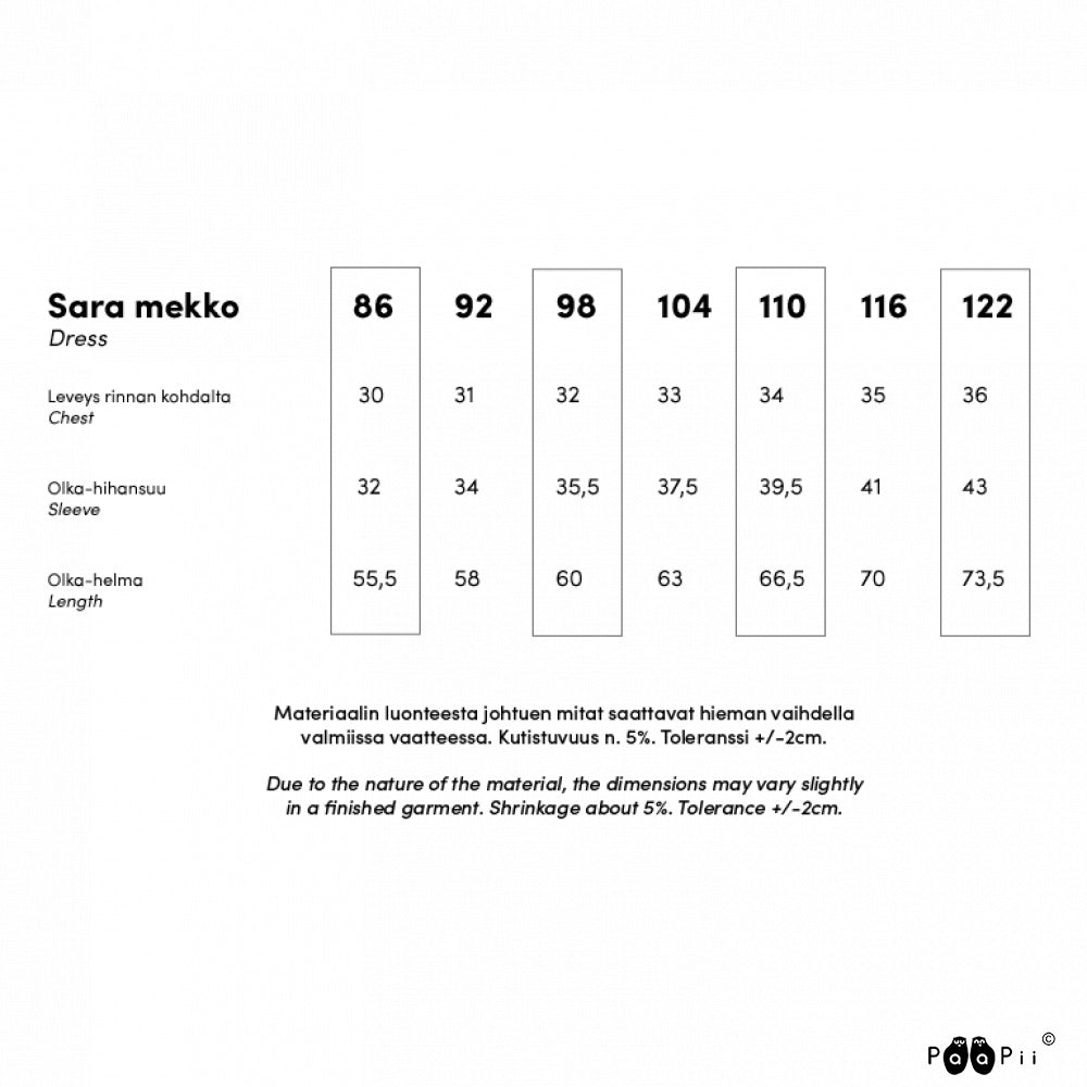 PaaPii Sara size chart