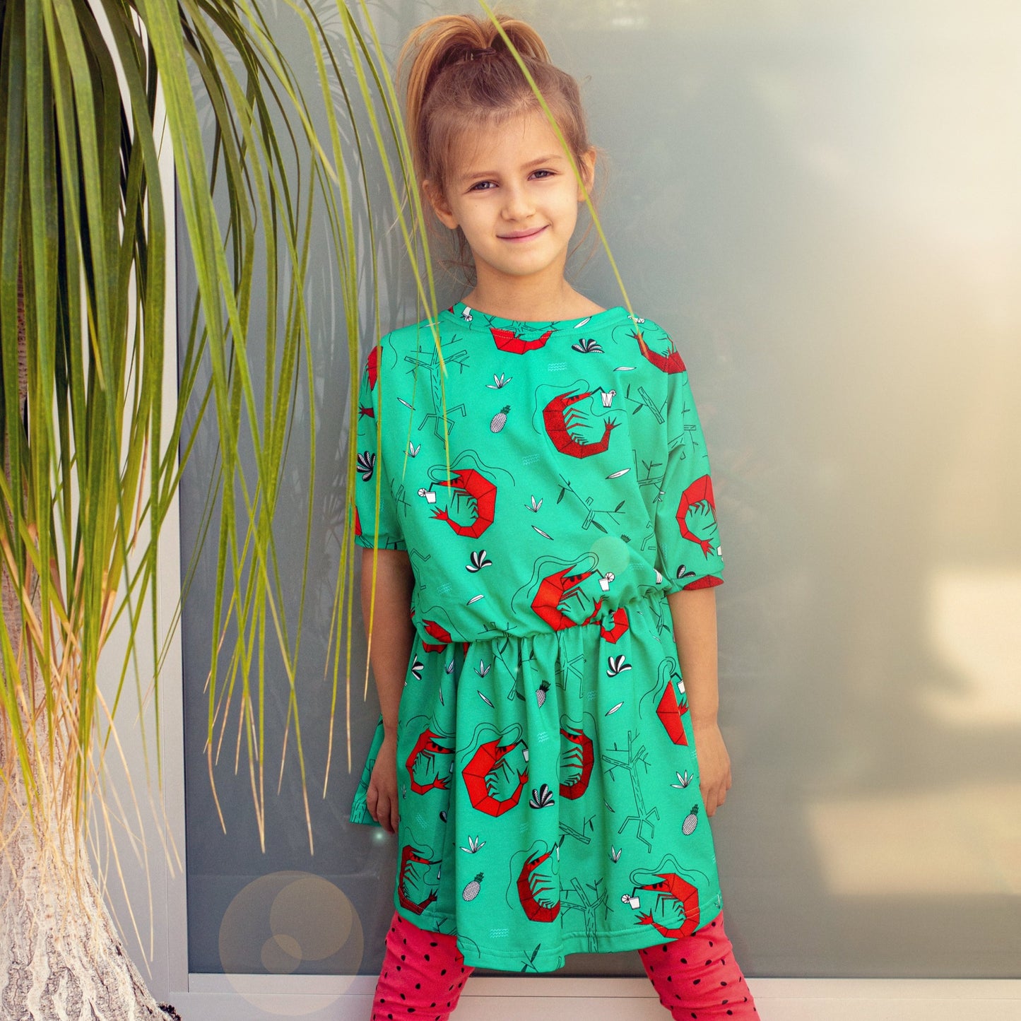 Girl wearing Raspberry Republic Dress- shrimp cocktail