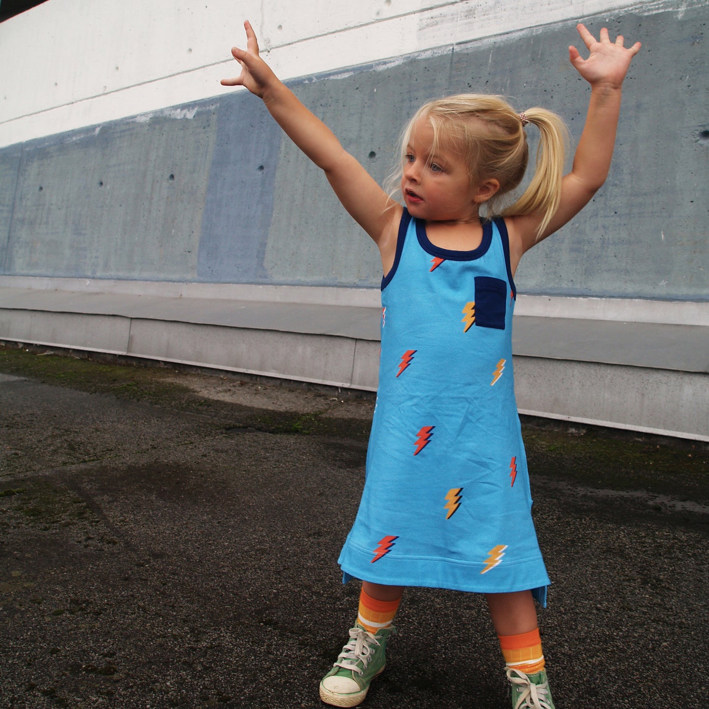 Girl wearing Moromini summer sky Tank dress
