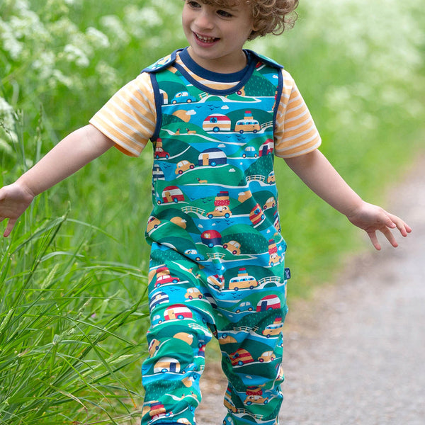 Boy wearing Kite Clothing organic Caravan overalls