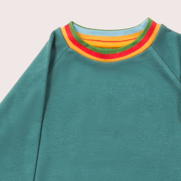 Little Green Radicals organic Teal marl raglan sweatshirt, closeup