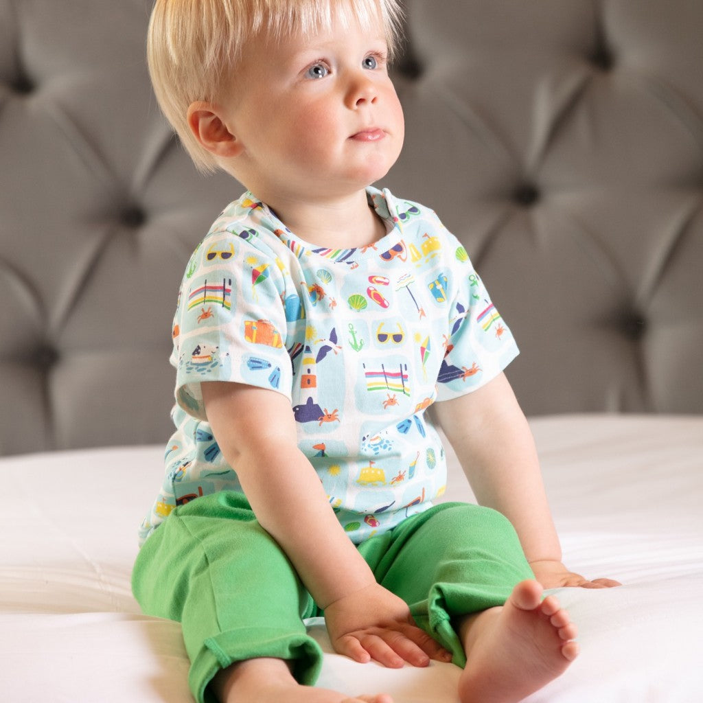 Boy wearing Piccalilly all over print seaside t-shirt