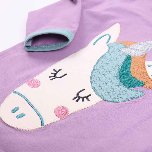 Fred's World organic Long sleeve top- unicorn appliqué, closeup
