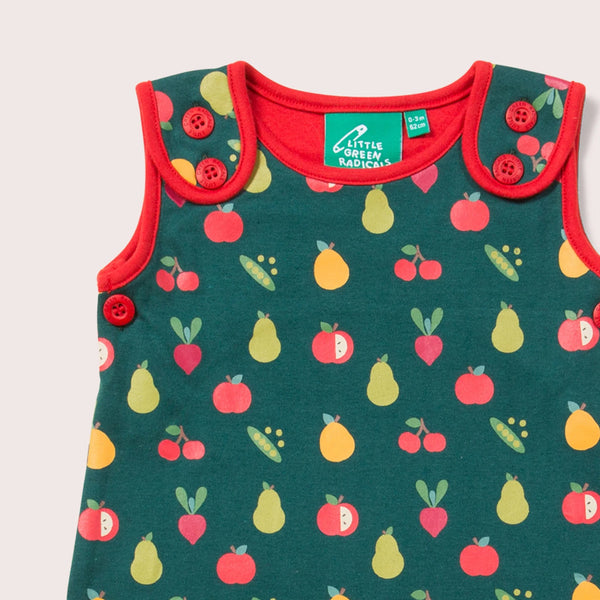 Little Green Radicals organic Vegetable patch overalls, closeup