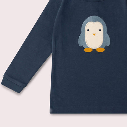 Little Green Radicals Organic Cotton Long Sleeve T-Shirt - Blue Penguins Appliqué