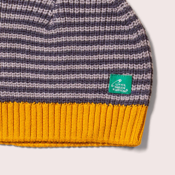 Little Green Radicals Organic Knitted hat- dreamy blue striped, closeup