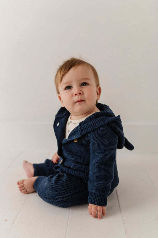 Cotton Knit Hoodie - Navy