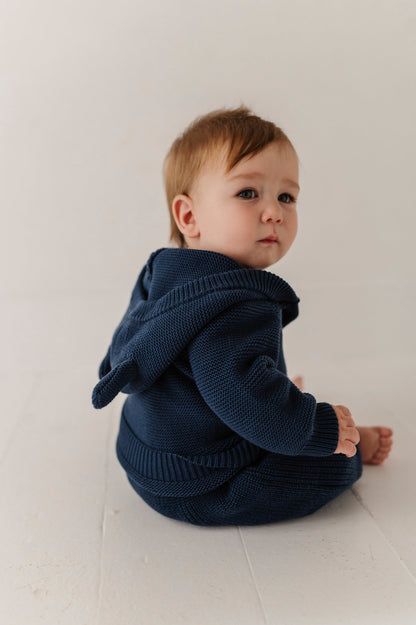 Cotton Knit Hoodie - Navy