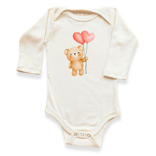Organic Baby Bodysuit Long Sleeve- Heart Balloon Bear