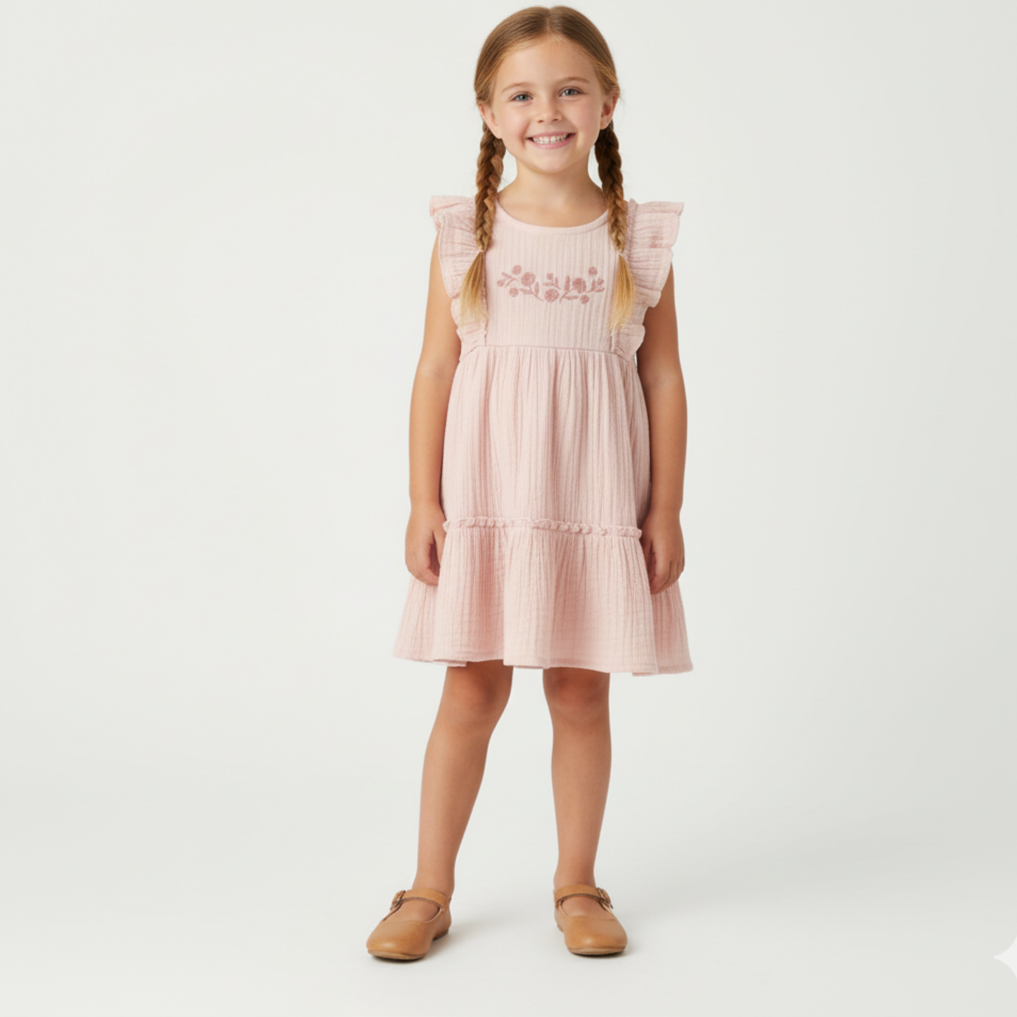 Organic Cotton Muslin Embroidered Tiered Dress - Blush
