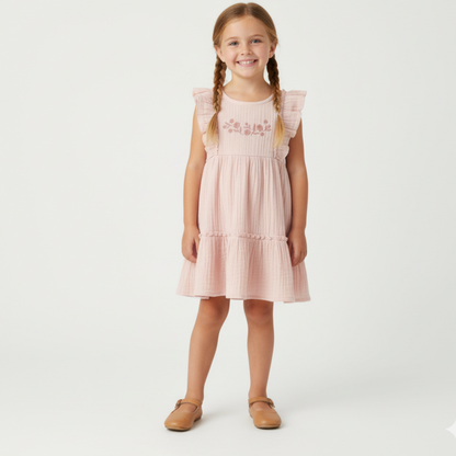 Organic Cotton Muslin Embroidered Tiered Dress - Blush