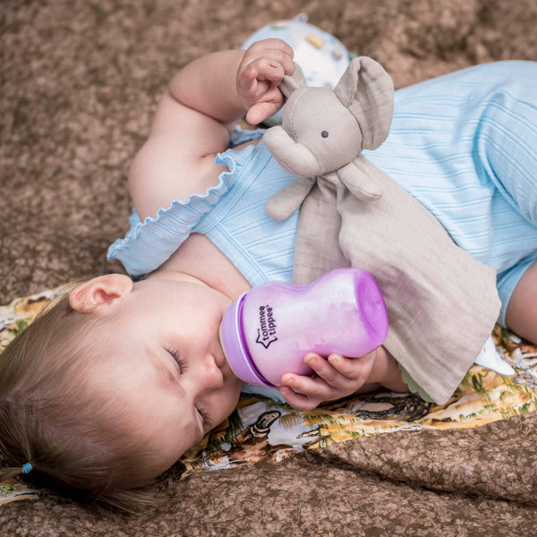 Baby with Tikiri Toys Organic Lovey with teether- elephant
