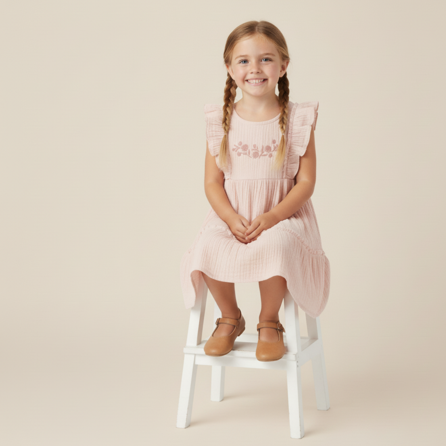 Organic Cotton Muslin Embroidered Tiered Dress - Blush