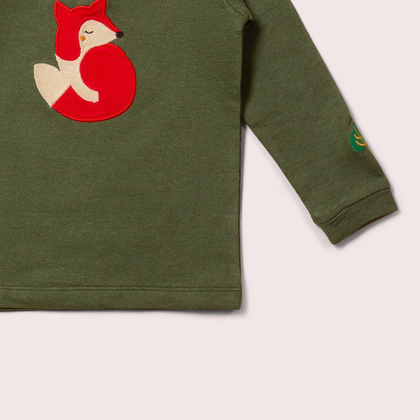 Little Green Radicals organic Long sleeved t-shirt- fox appliqué, closeup