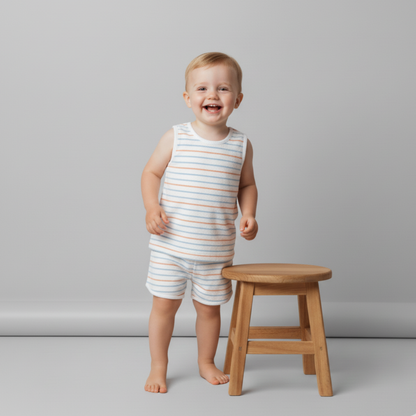 Organic Cotton Terry Sleeveless Tee & Shorts Set - Cabana Stripes
