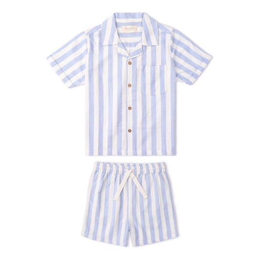 Organic Cotton Linen Shirt & Shorts Set - Blue Stripes