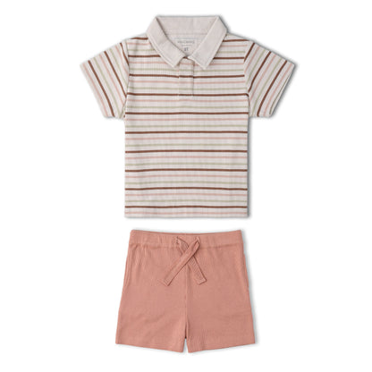 Organic Cotton Collar Tee & Shorts Set - Terra Stripes