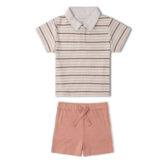 Organic Cotton Collar Tee & Shorts Set - Terra Stripes