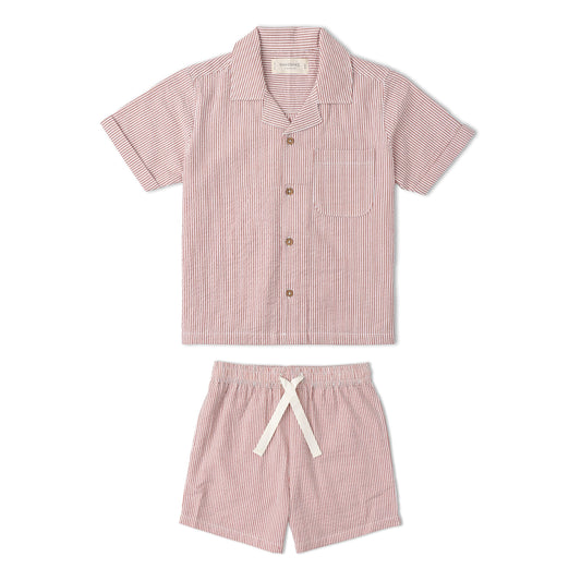 Organic Cotton Seersucker Shirt & Shorts Set - Coral Stripes