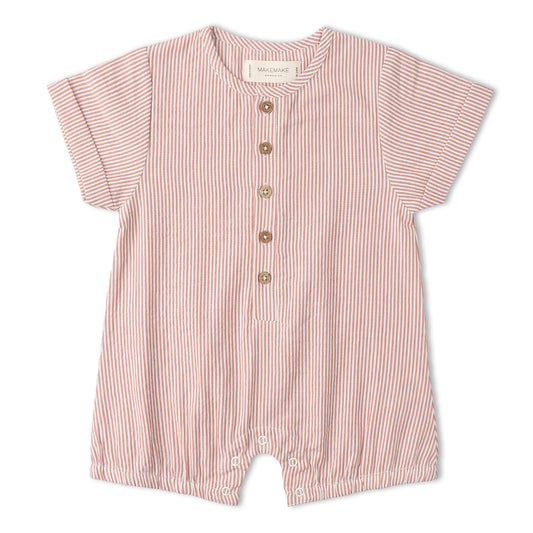 Organic Cotton Seersucker Bubble Romper - Coral Stripes