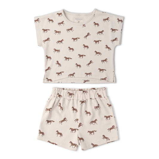 Organic Cotton Drop Shoulder Tee & Shorts Set - Horses
