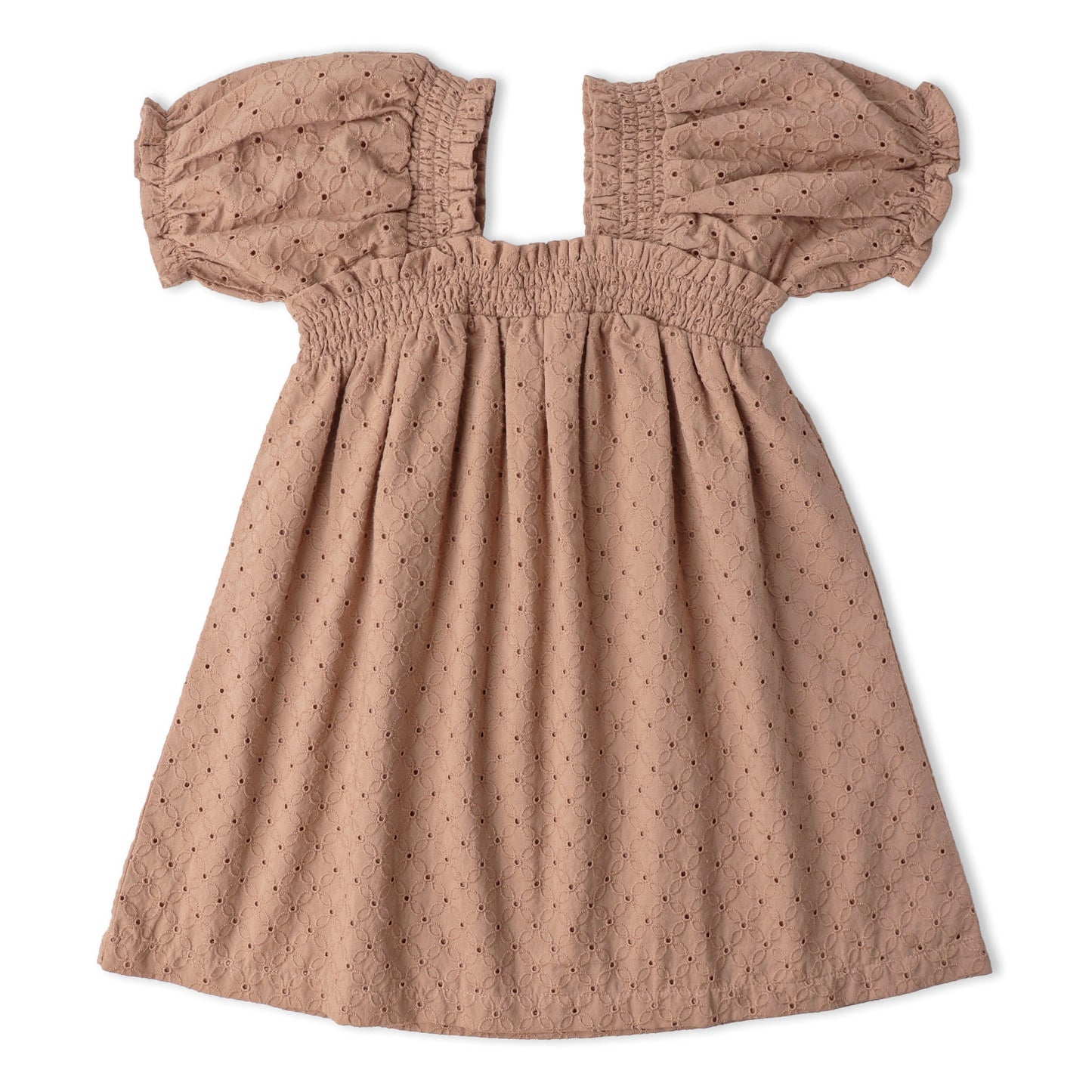 Organic Cotton Eyelet Bubble Sleeve Dress - Clay