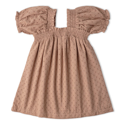 Organic Cotton Eyelet Bubble Sleeve Dress - Clay