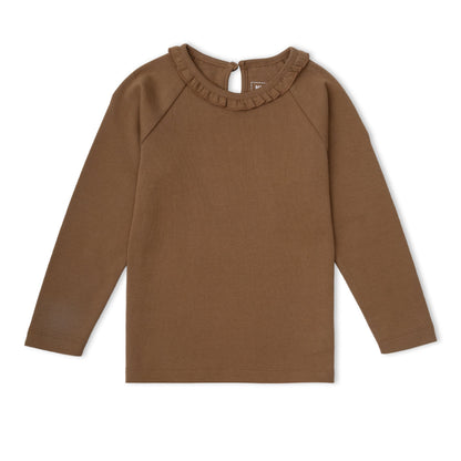 Organic Cotton Ruffle Neck Top - Brown