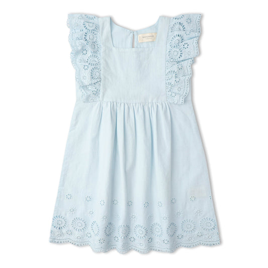Organic Cotton Eyelet Flutter Dress - Light Blue