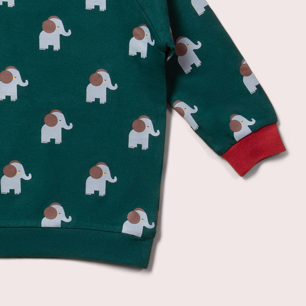 Little Green Radicals organic Raglan sweatshirt- elephants, closeup