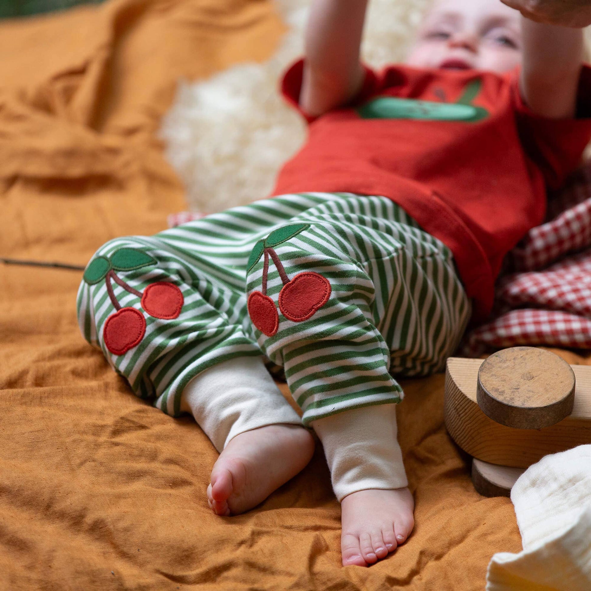 Organic Cotton Cherry Knee Patch Striped Joggers | Little Green Radicals 