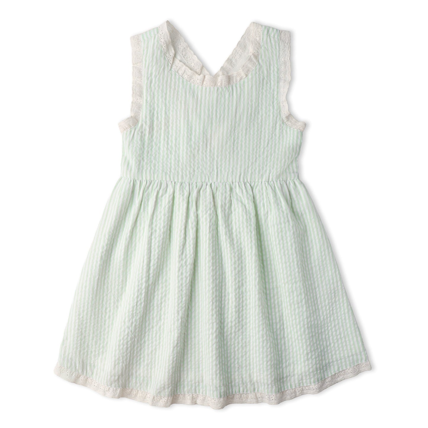 Organic Cotton Seersucker Cross Back Dress - Basil Stripes