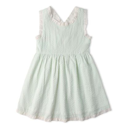 Organic Cotton Seersucker Cross Back Dress - Basil Stripes