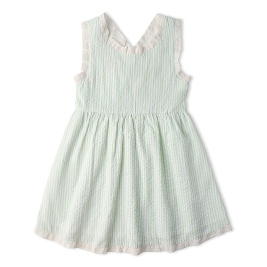 Organic Cotton Seersucker Cross Back Dress - Basil Stripes