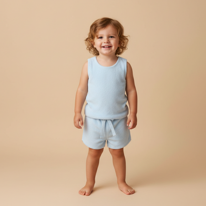 Organic Cotton Terry Sleeveless Tee & Shorts Set - Light Blue