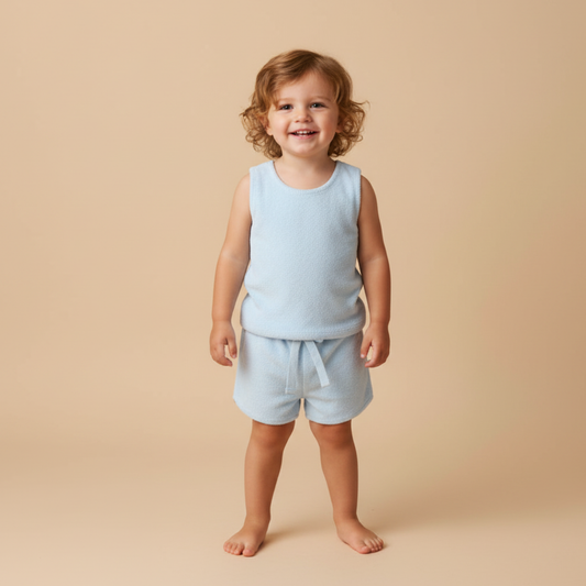 Organic Cotton Terry Sleeveless Tee & Shorts Set - Light Blue
