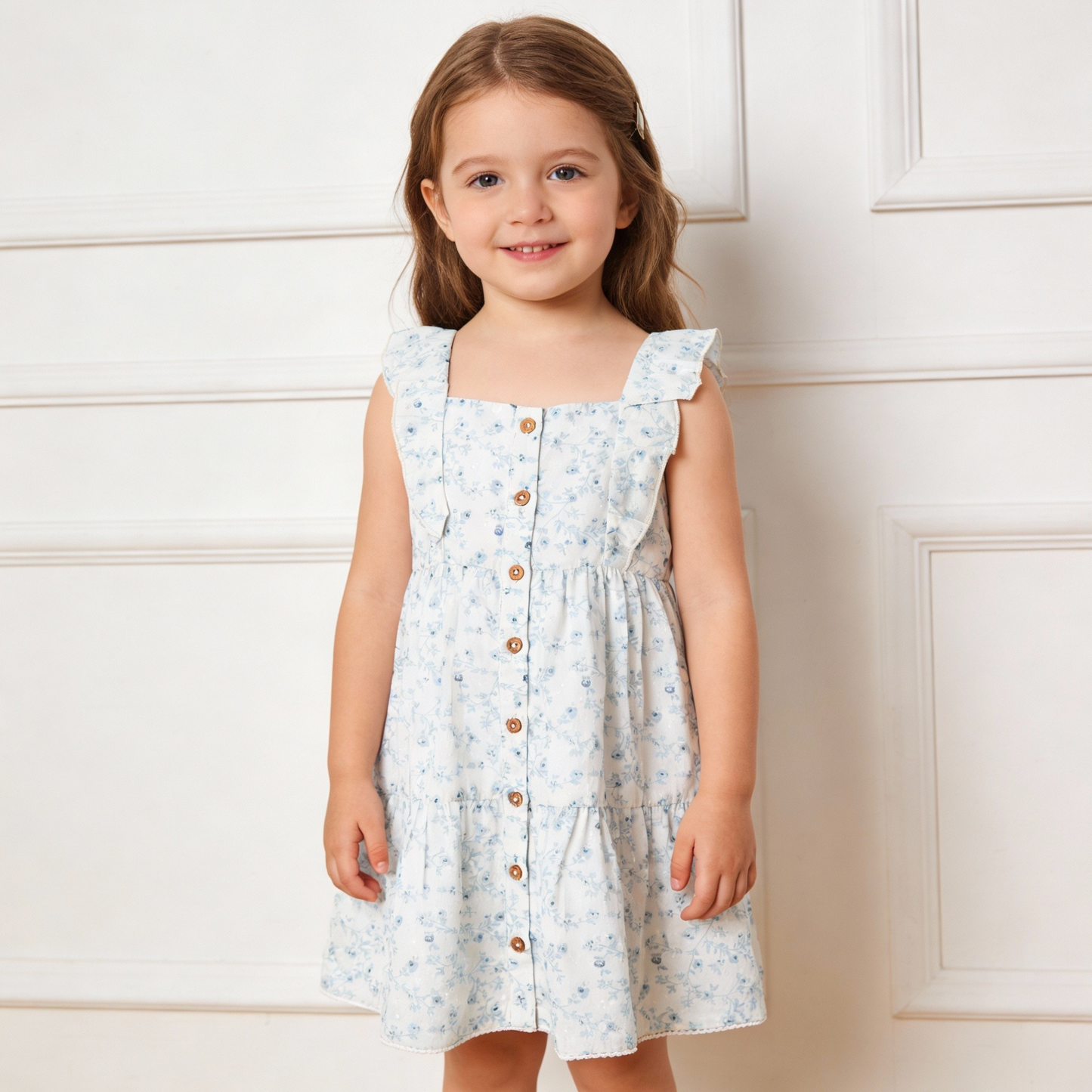 Organic Cotton Flutter Buttoned Tiered Dress - Ivy Floral