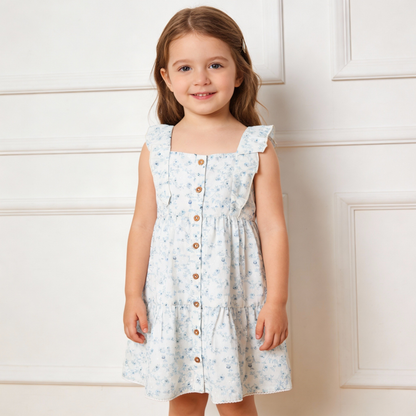 Organic Cotton Flutter Buttoned Tiered Dress - Ivy Floral