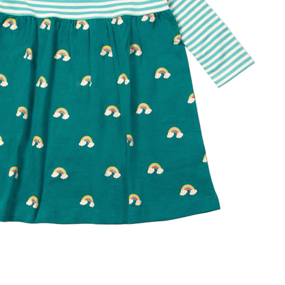 Little Green Radicals Organic Girls' Long-Sleeved Dress- Turquoise Rainbows