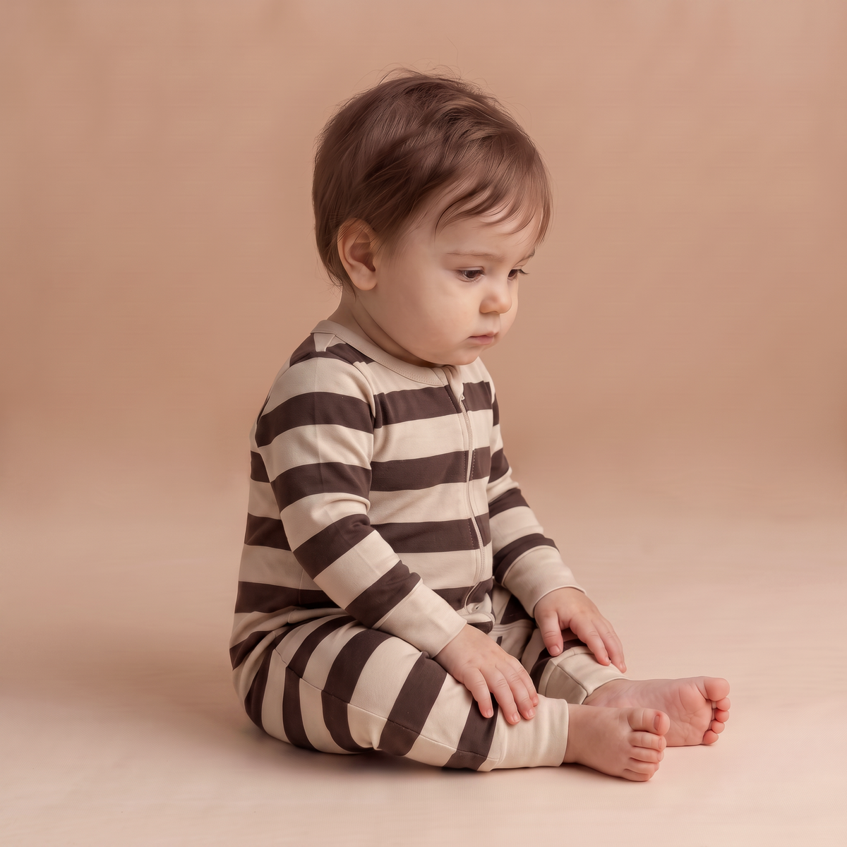 Organic Cotton 2-Way Zip Romper - Mocha Stripe
