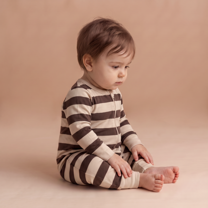 Organic Cotton 2-Way Zip Romper - Mocha Stripe