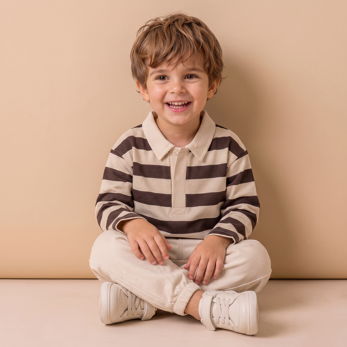 Organic Cotton Long Sleeve Polo - Mocha Stripe