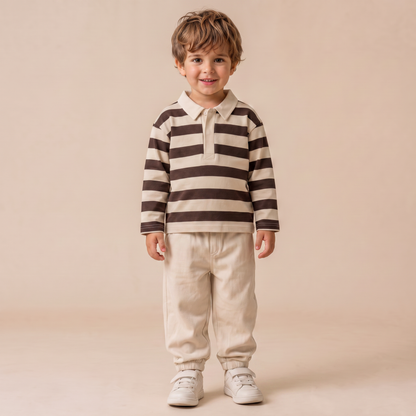 Organic Cotton Long Sleeve Polo - Mocha Stripe