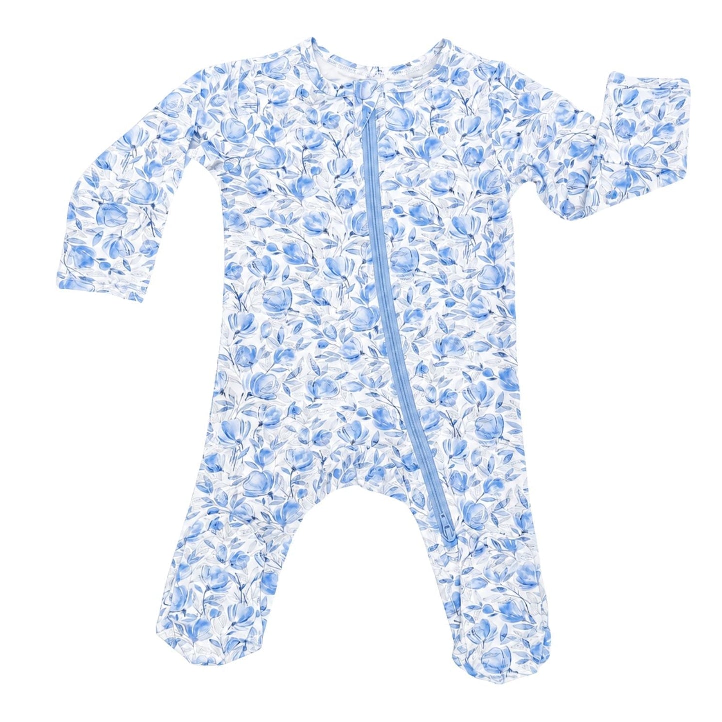 Baby onesie with blue floral pattern on a white background