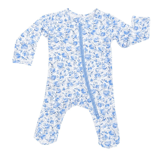 Baby onesie with blue floral pattern on a white background