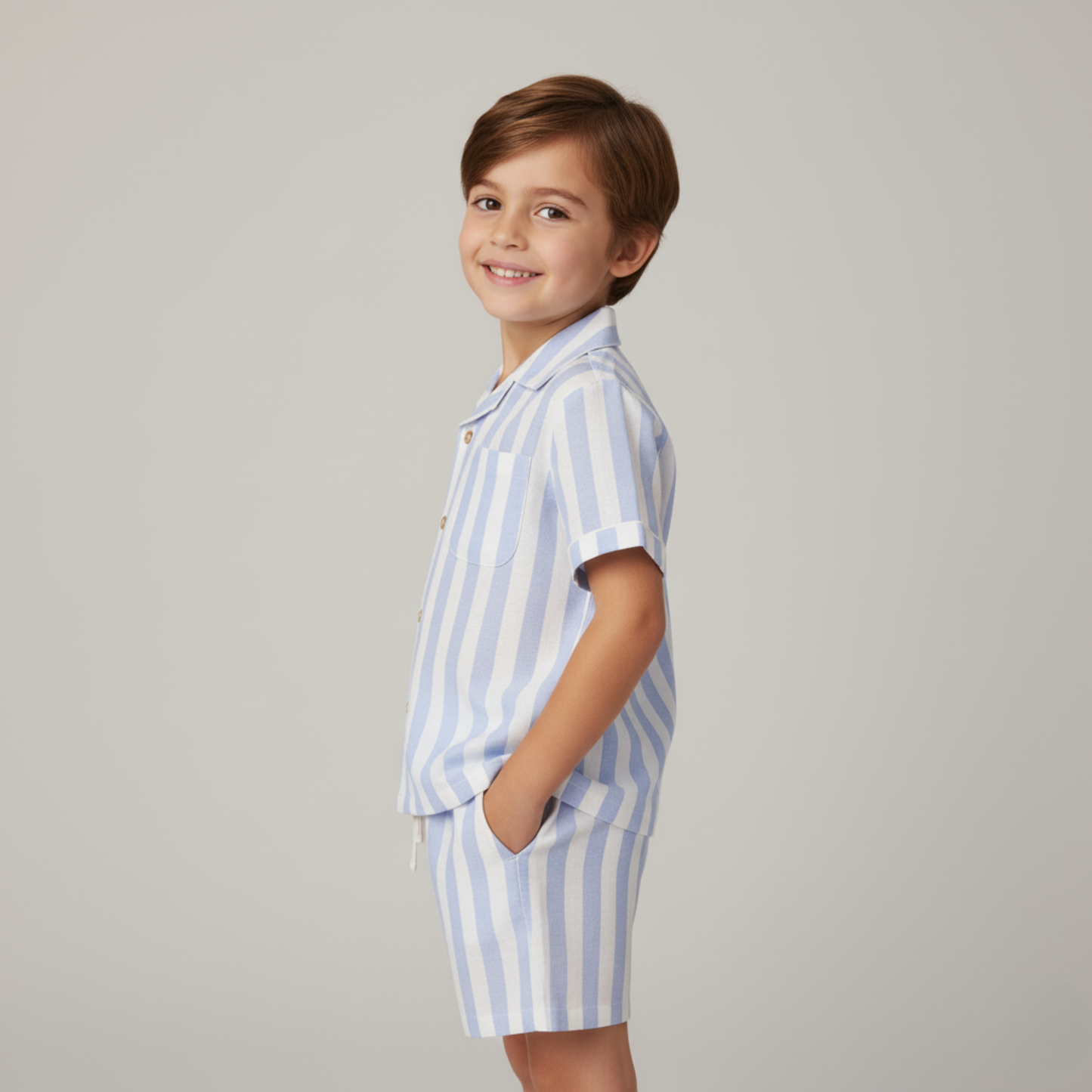 Organic Cotton Linen Shirt & Shorts Set - Blue Stripes